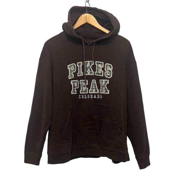 Ouray Pikes Peak Colorado Size M Hoodie Sweatshirt Brown Plaid Patch Letters - Picture 1 of 9